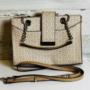 Guess Crossbody Satchel Purse Beige Logo Chain Strap Bag w/Detachable Crossbody